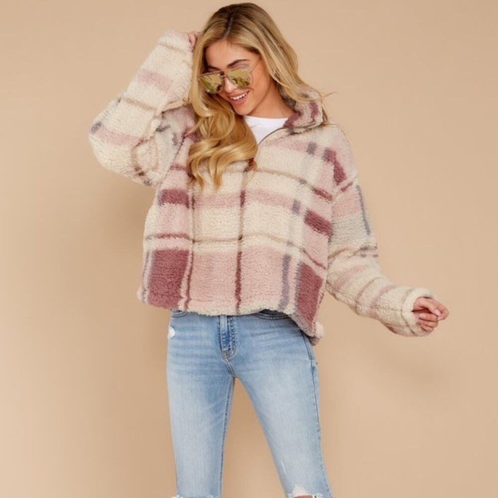 Thread & Supply Walking Poetry sherpa plaid quarter zip fall sweater xs